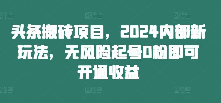 头条搬砖项目，2024内部新玩法，无风险起号0粉即可开通收益-创业项目库