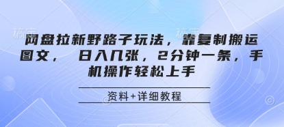 网盘拉新野路子玩法，靠复制搬运图文， 日入几张，2分钟一条，手机操作轻松上手-创业项目库