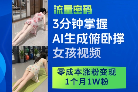 3分钟掌握AI生成俯卧撑女孩视频，零成本涨粉变现，1个月1W粉-创业项目库