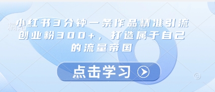 小红书3分钟一条作品精准引流创业粉300+，打造属于自己的流量帝国-创业项目库