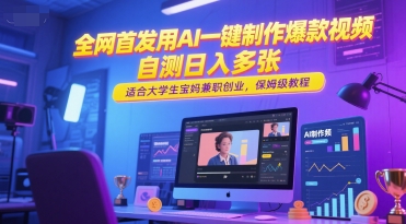 全网首发用AI一键制作爆款视频，自测日入多张，适合大学生宝妈兼职创业，保姆级教程-创业项目库