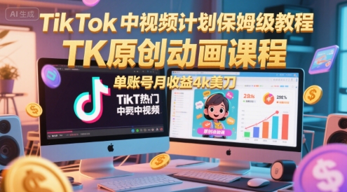 TikTok中视频计划保姆级教程，TK原创动画课程，单账号月收益4k美刀-创业项目库