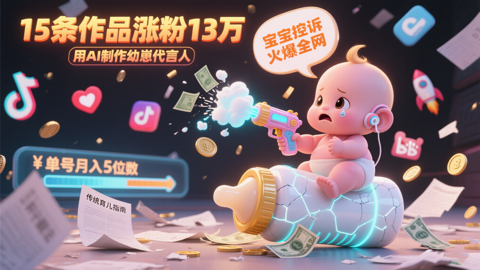 用AI制作幼崽代言人，宝宝的控诉火爆全网，15条作品涨粉13万，单号月入5位数实操教程-创业项目库