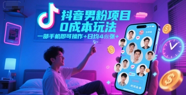 抖音男粉项目0成本玩法，一部手机即可操作，日均4张+，时间自由-创业项目库