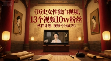 历史女性独白视频，13个视频10w粉丝，伙伴计划，视频号分成等-创业项目库