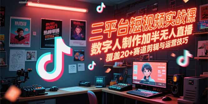 三平台短视频实战课，数字人制作加半无人直播，覆盖20+赛道剪辑与运营技巧-创业项目库
