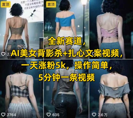 全新赛道，AI美女背影杀+扎心文案视频，一天涨粉5k，操作简单，5分钟一条视频-创业项目库