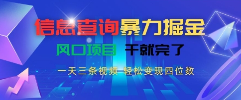 信息查询暴力掘金，一天三条视频，轻松变现四位数，风口项目干就完了【揭秘】-创业项目库