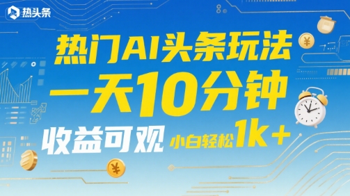 热门AI头条玩法，一天10分钟，收益可观，小白轻松日入1k+【揭秘】-创业项目库