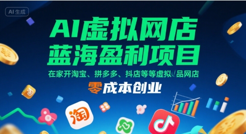 AI虚拟网店蓝海盈利项目，在家开淘宝、拼多多、抖店等虚拟品网店，零成本创业-创业项目库