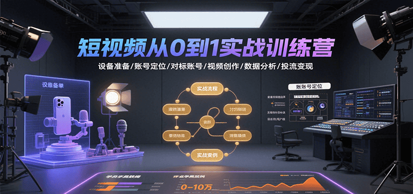 短视频从0到1实战训练营：设备准备/账号定位/对标账号/视频创作/数据分析/投流变现-创业项目库