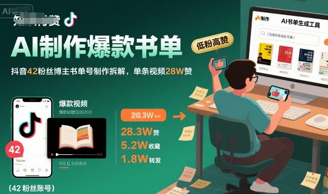 AI制作爆款书单，抖音42粉丝博主书单号制作拆解，单条视频28W赞-创业项目库