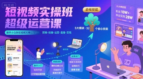 短视频实操班超级运营课，新手小白到短视频大神必修课程，剪辑-拍摄-运营-直播-变现-创业项目库