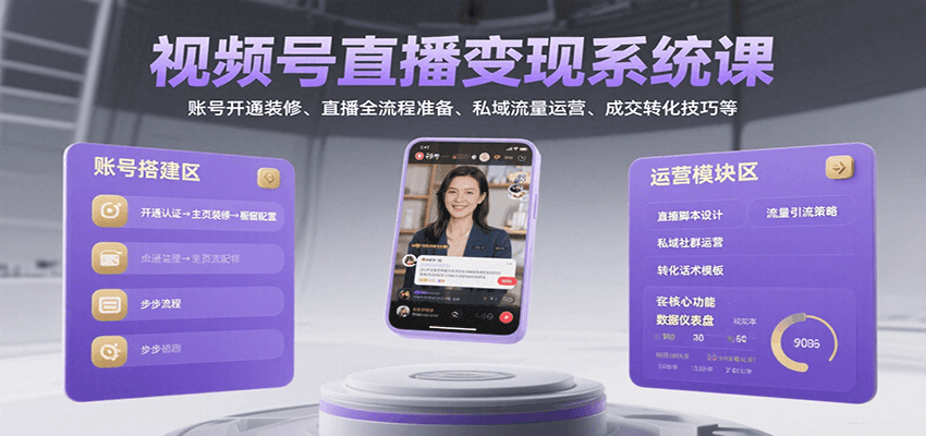视频号直播变现系统课，账号开通装修、直播全流程准备、私域流量运营、成交转化技巧等-创业项目库