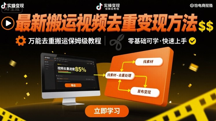 最新搬运视频去重变现方法，万能去重搬运保姆级教程-创业项目库